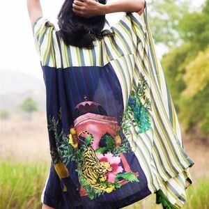 RARE Verandah Hand Beaded Panel Forest Stripe Tiger Kimono Tassels Kaftan Boho M